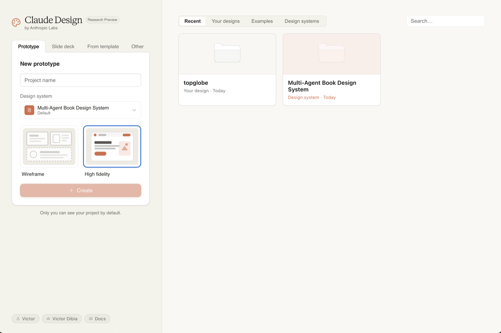 The Claude Design new-project screen, showing project type tabs (Prototype, Slide deck, From template, Other), a design system dropdown, and recent projects