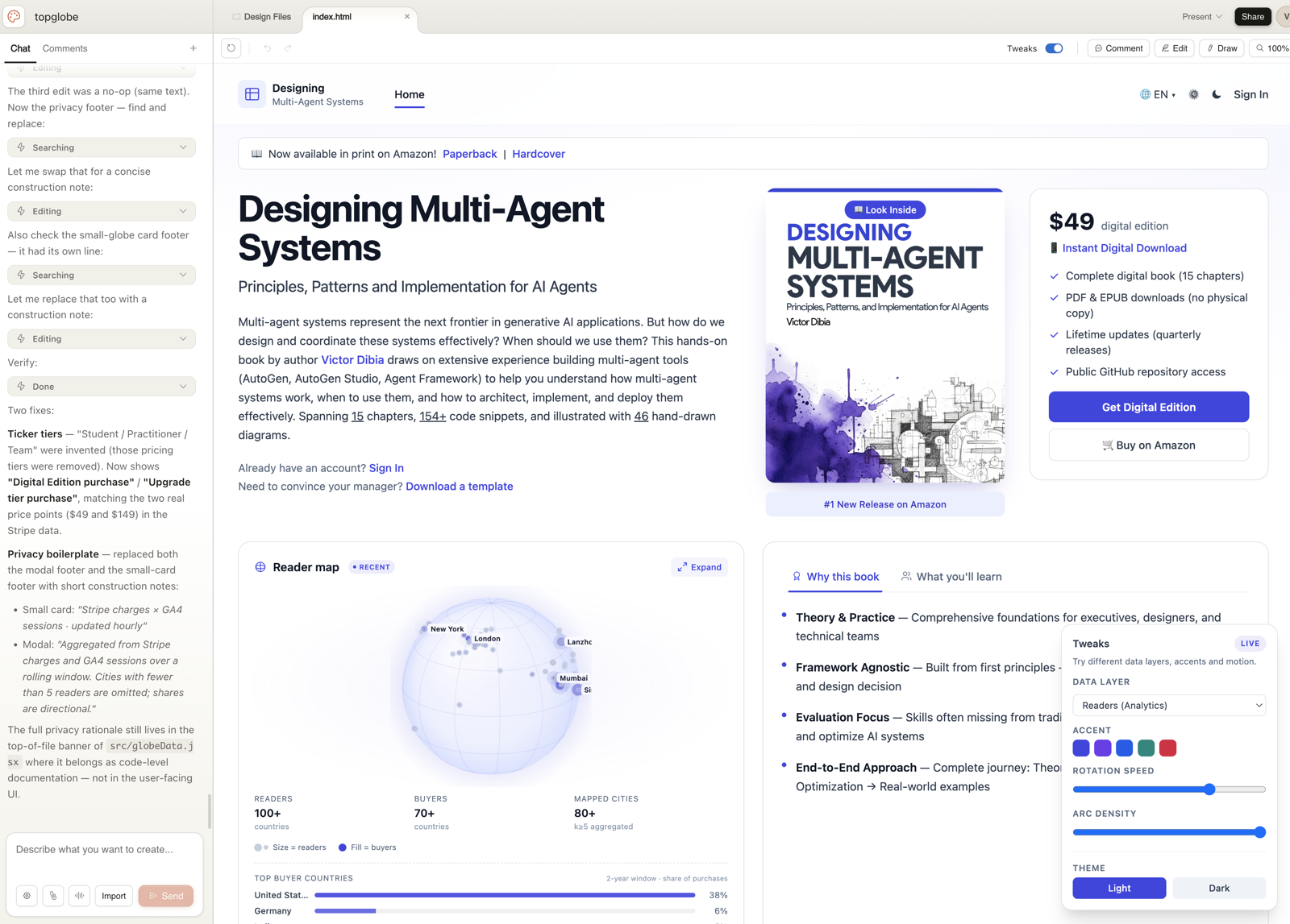 A book website inside the Claude Design canvas with a Tweaks panel on the right exposing sliders for theme, breakpoint, and component-specific properties